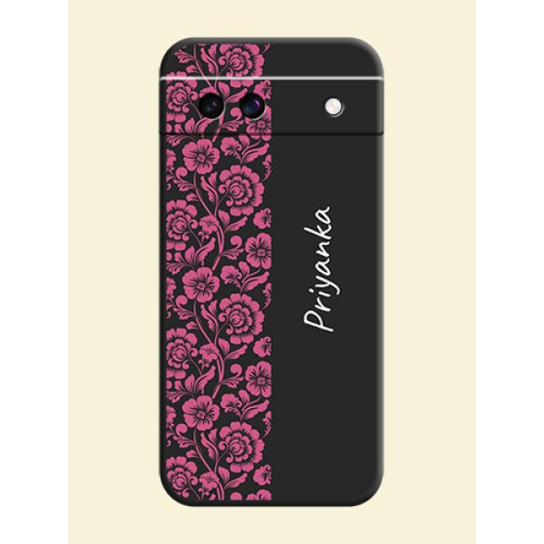 Pink Floral Pattern Design With Custom Text On Space Black Custom Soft Matte Mobile Back Cover - Google Pixel 8A 5G