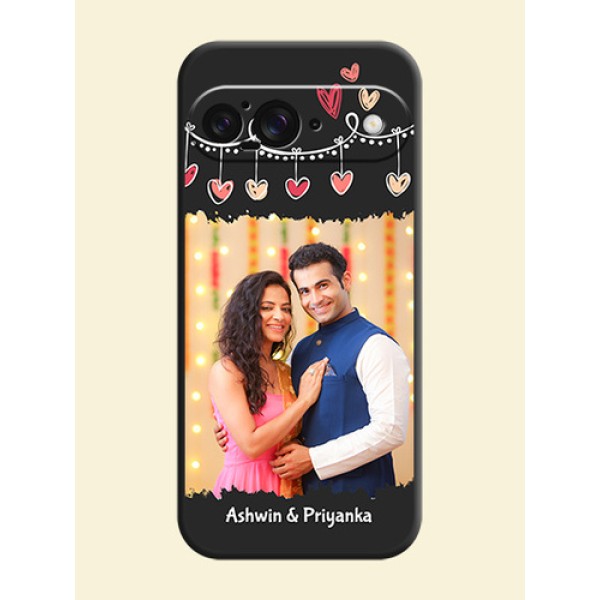 Pink Love Hangings with Name On Space Black Custom Soft Matte Mobile Back Cover - Google Pixel 9 5G