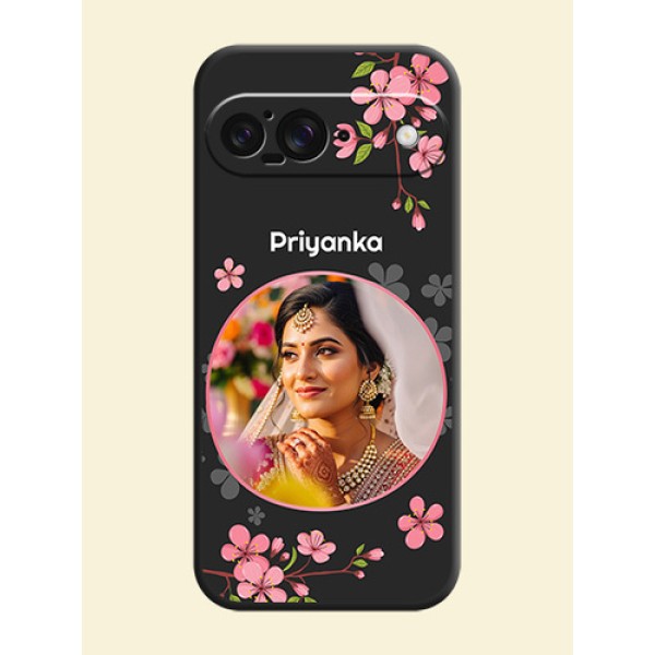 Round Image with Pink Color Floral Design on Photo On Space Black Custom Soft Matte Mobile Back Cover - Google Pixel 9 5G