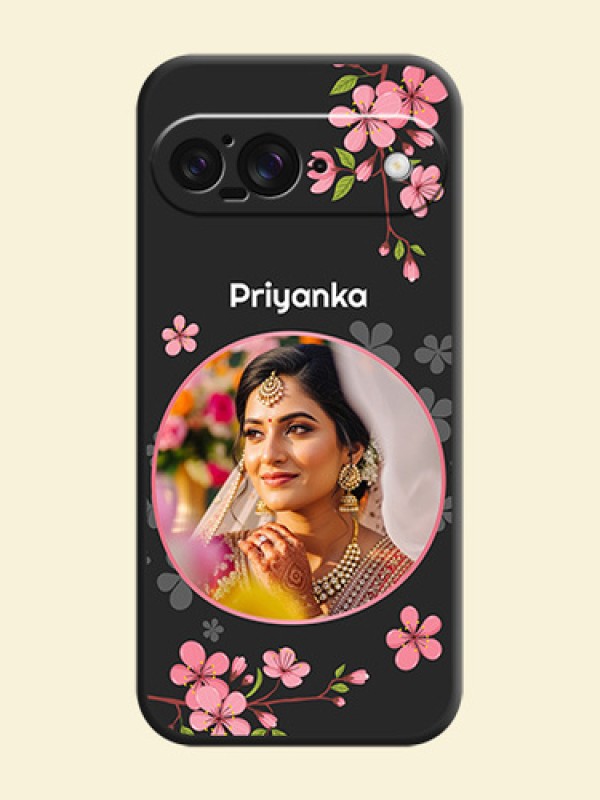 Round Image with Pink Color Floral Design on Photo On Space Black Custom Soft Matte Mobile Back Cover - Google Pixel 9 5G