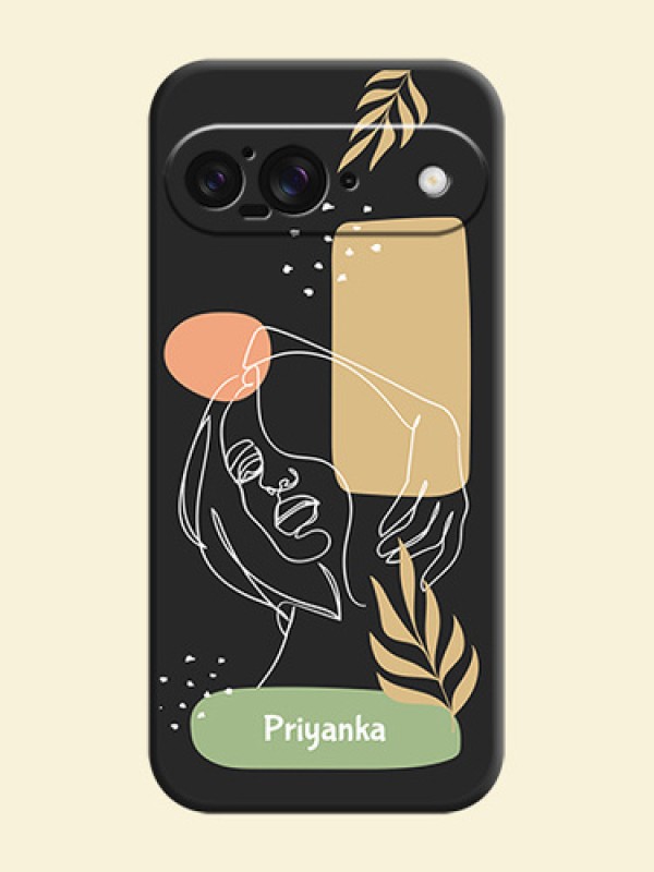 Custom Text With Line Art Of Women & Leaves Design On Space Black Custom Soft Matte Mobile Back Cover - Google Pixel 9 5G