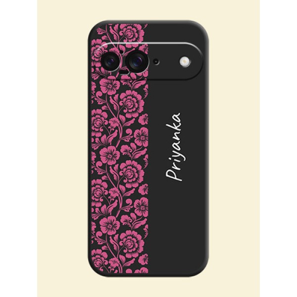 Pink Floral Pattern Design With Custom Text On Space Black Custom Soft Matte Mobile Back Cover - Google Pixel 9 5G