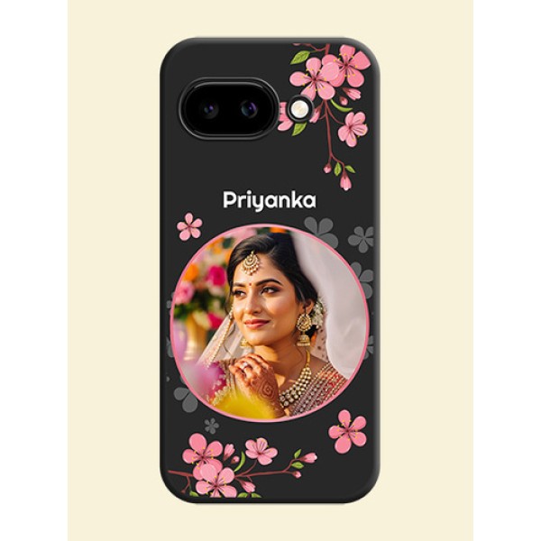 Round Image with Pink Color Floral Design on Photo On Space Black Custom Soft Matte Mobile Back Cover - Google Pixel 9A 5G