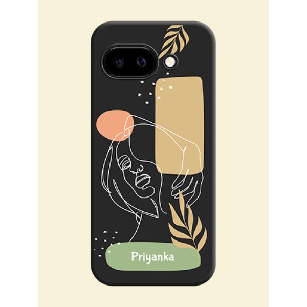 Custom Text With Line Art Of Women & Leaves Design On Space Black Custom Soft Matte Mobile Back Cover - Google Pixel 9A 5G