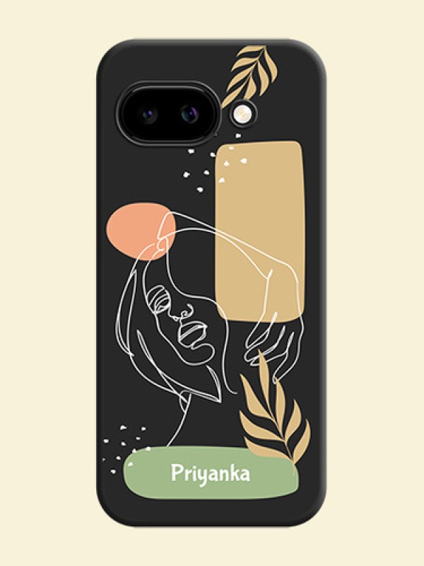 Custom Text With Line Art Of Women & Leaves Design On Space Black Custom Soft Matte Mobile Back Cover - Google Pixel 9A 5G