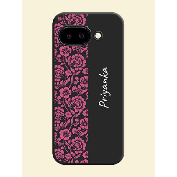 Pink Floral Pattern Design With Custom Text On Space Black Custom Soft Matte Mobile Back Cover - Google Pixel 9A 5G