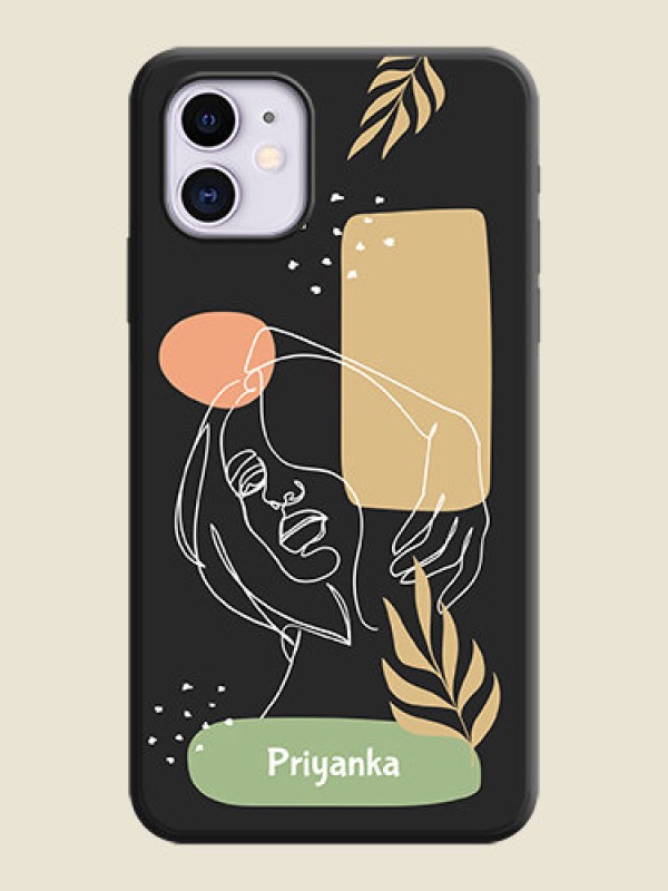 Custom Custom Text With Line Art Of Women & Leaves Design On Space Black Personalized Soft Matte Phone Covers -Apple Iphone 11