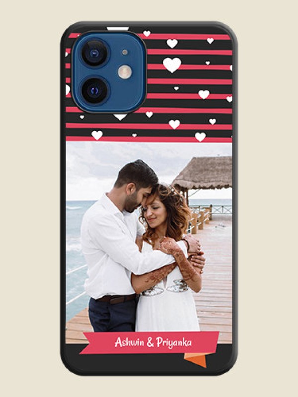 Custom White Color Love Symbols with Pink Lines Pattern on Space Black Custom Soft Matte Phone Cases - iPhone 12 Mini