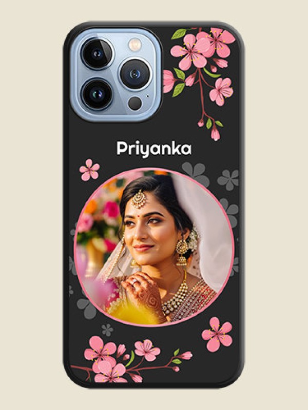 Custom Round Image with Pink Color Floral Design on Photo on Space Black Soft Matte Back Cover - iPhone 13 Pro Max