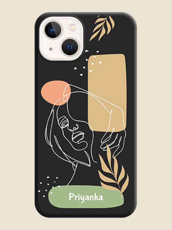Custom Custom Text With Line Art Of Women & Leaves Design On Space Black Personalized Soft Matte Phone Covers -Apple Iphone 13
