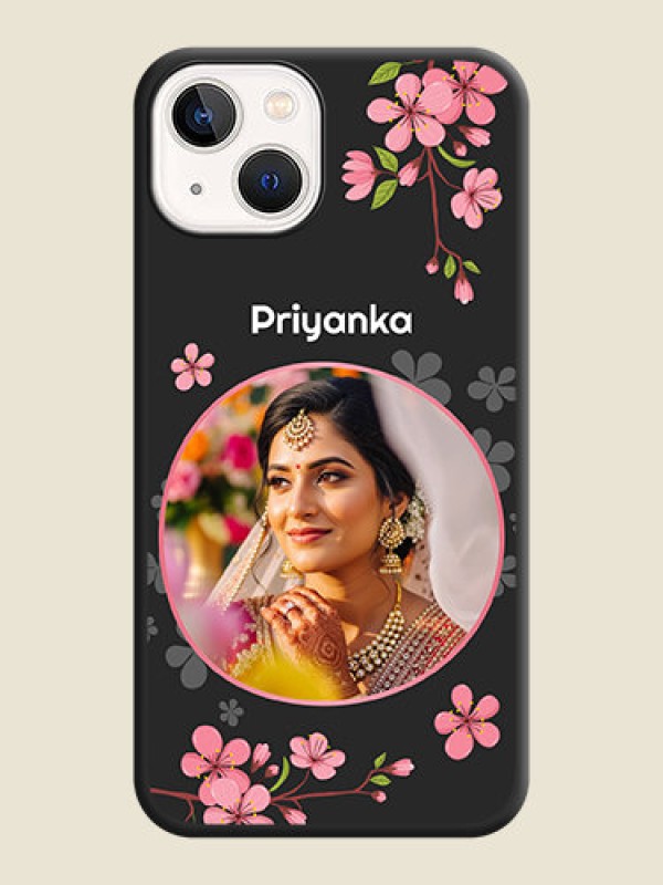 Custom Round Image with Pink Color Floral Design on Photo on Space Black Soft Matte Back Cover - iPhone 14 Plus