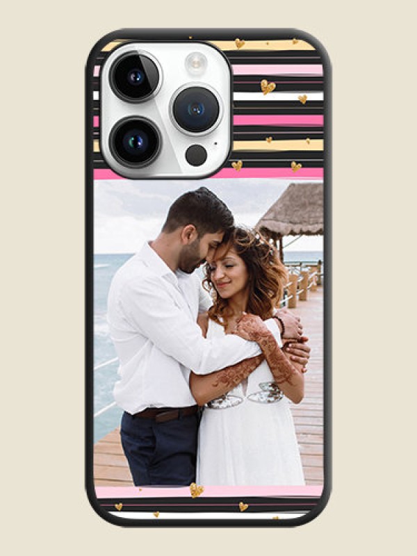 Custom Multicolor Lines and Golden Love Symbols Design on Photo on Space Black Soft Matte Mobile Cover - iPhone 14 Pro Max