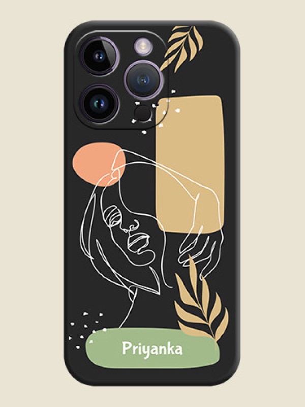Custom Custom Text With Line Art Of Women & Leaves Design On Space Black Personalized Soft Matte Phone Covers -Apple Iphone 14 Pro