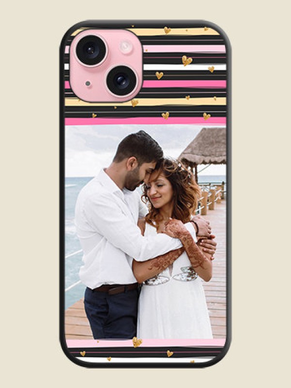 Custom Multicolor Lines and Golden Love Symbols Design - Photo on Space Black Soft Matte Mobile Cover - iPhone 15