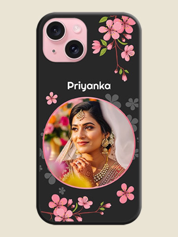 Custom Round Image with Pink Color Floral Design - Photo on Space Black Soft Matte Back Cover - iPhone 15