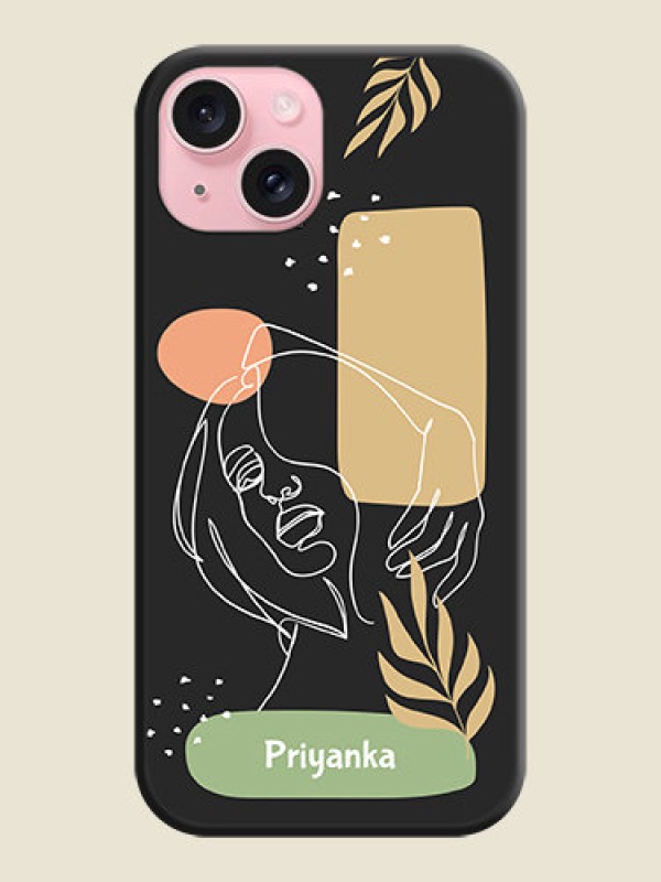 Custom Custom Text With Line Art Of Women & Leaves Design On Space Black Personalized Soft Matte Phone Covers - iPhone 15