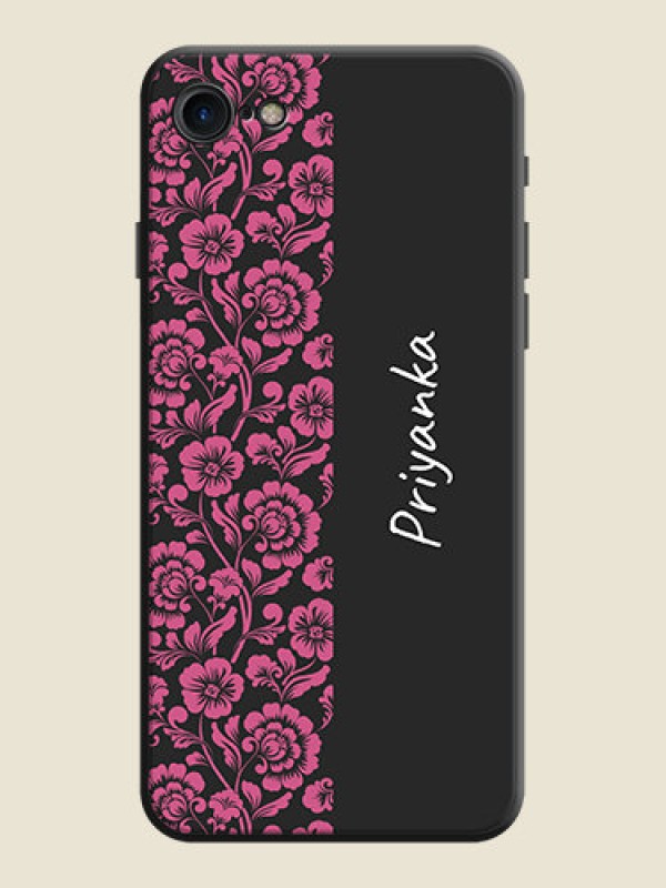 Custom Pink Floral Pattern Design With Custom Text On Space Black Personalized Soft Matte Phone Covers -Apple Iphone 7