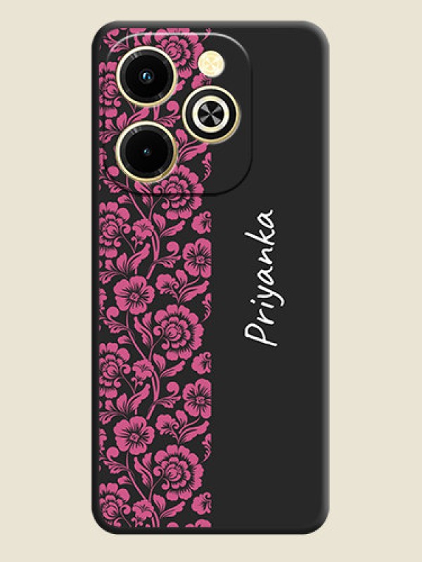 Custom Pink Floral Pattern Design With Custom Text On Space Black Custom Soft Matte Mobile Back Cover - Infinix Hot 40i
