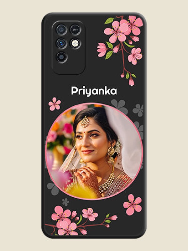 Custom Round Image with Pink Color Floral Design on Photo on Space Black Soft Matte Back Cover - Infinix Note 10