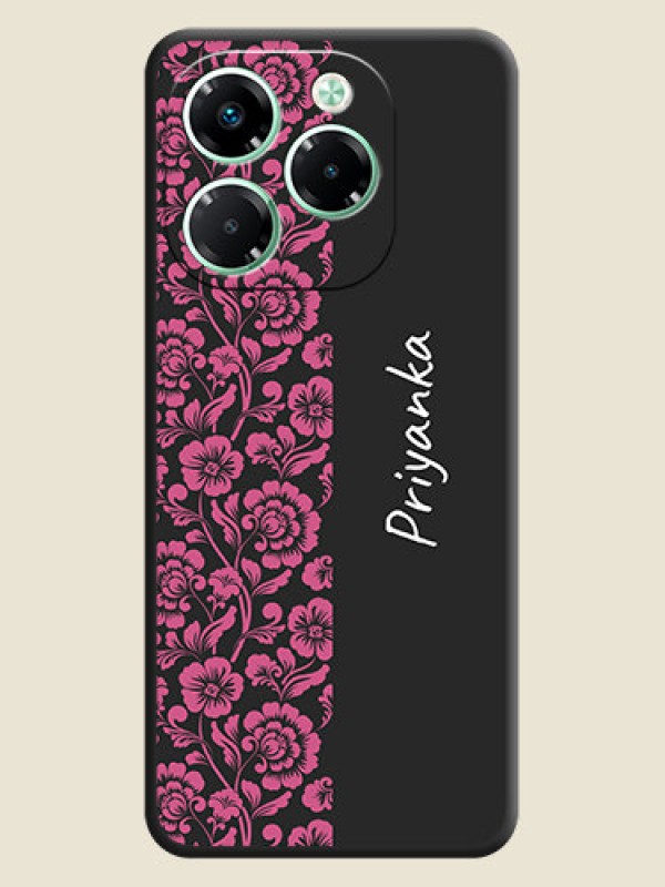 Custom Pink Floral Pattern Design With Custom Text On Space Black Custom Soft Matte Mobile Back Cover - Infinix Note 40X 5G
