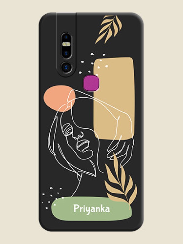 Custom Custom Text With Line Art Of Women & Leaves Design On Space Black Personalized Soft Matte Phone Covers - Infinix S5 Pro