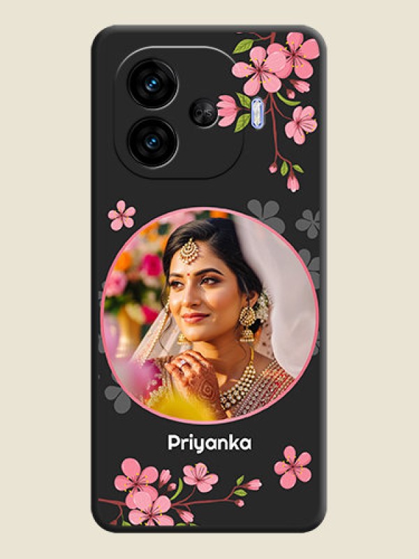 Custom Round Image with Pink Color Floral Design on Photo On Space Black Custom Soft Matte Mobile Back Cover - iQOO Neo 10R 5G