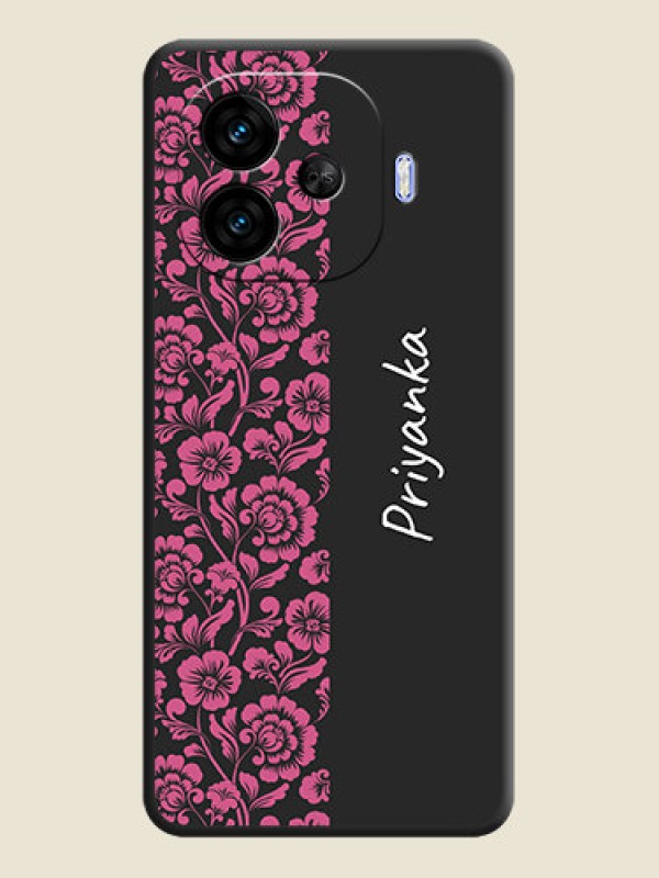 Custom Pink Floral Pattern Design With Custom Text On Space Black Custom Soft Matte Mobile Back Cover - iQOO Neo 10R 5G