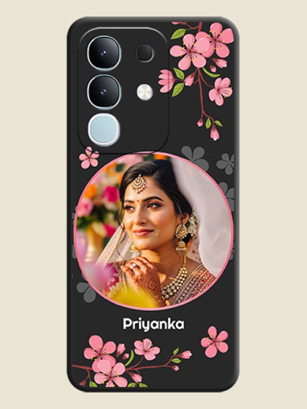 Custom Round Image with Pink Color Floral Design on Photo On Space Black Custom Soft Matte Mobile Back Cover - iQOO Z10x 5G