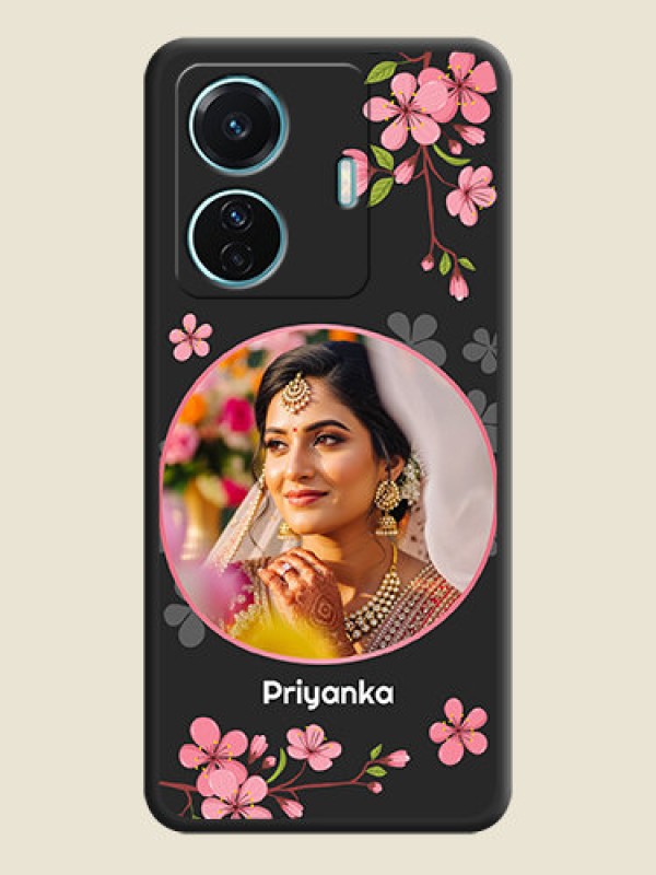 Custom Round Image with Pink Color Floral Design on Photo on Space Black Soft Matte Back Cover - iQOO Z6 Pro 5G