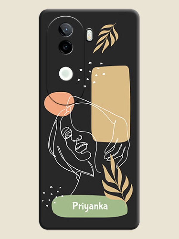 Custom Custom Text With Line Art Of Women & Leaves Design On Space Black Custom Soft Matte Mobile Back Cover - iQOO Z9s 5G