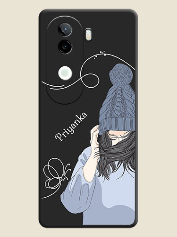 Custom Girl With Blue Winter Outfiit Custom Text Design On Space Black Custom Soft Matte Mobile Back Cover - iQOO Z9s 5G