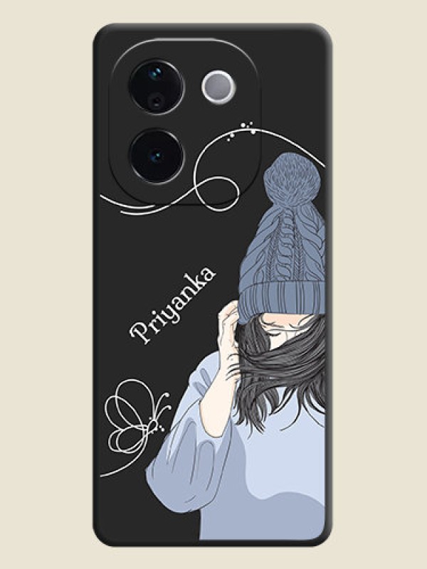 Custom Girl With Blue Winter Outfiit Custom Text Design On Space Black Custom Soft Matte Mobile Back Cover - iQOO Z9s Pro 5G