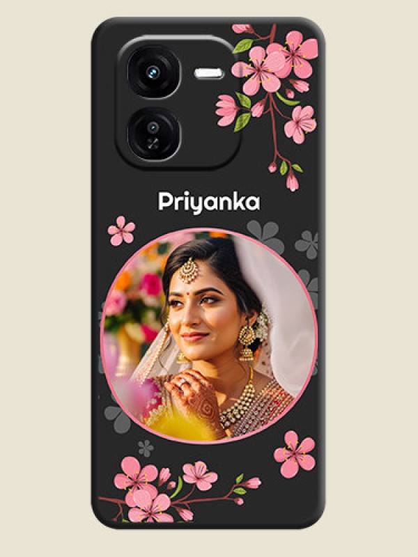 Custom Round Image with Pink Color Floral Design on Photo On Space Black Custom Soft Matte Mobile Back Cover - iQOO Z9X 5G
