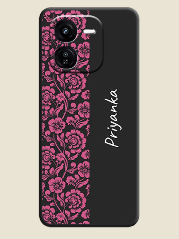 Custom Pink Floral Pattern Design With Custom Text On Space Black Custom Soft Matte Mobile Back Cover - iQOO Z9X 5G