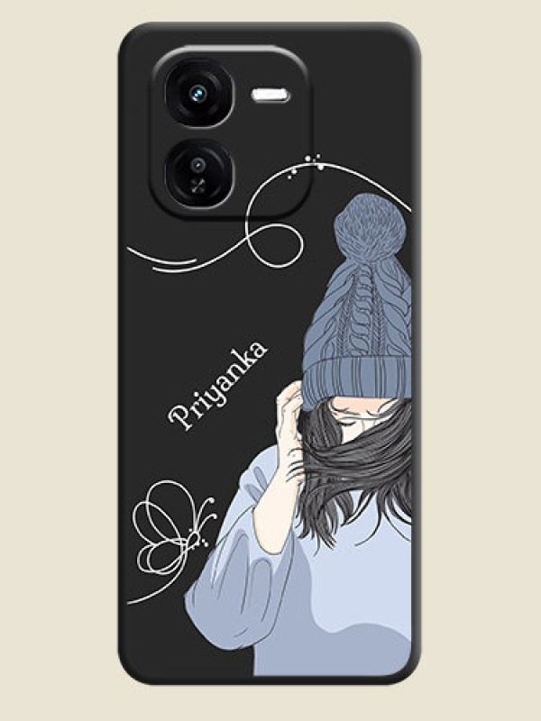 Custom Girl With Blue Winter Outfiit Custom Text Design On Space Black Custom Soft Matte Mobile Back Cover - iQOO Z9X 5G