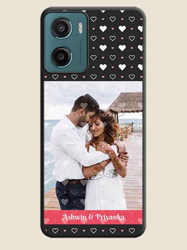 Custom White Color Love Symbols with Text Design on Photo On Space Black Custom Soft Matte Mobile Back Cover - Motorola E15