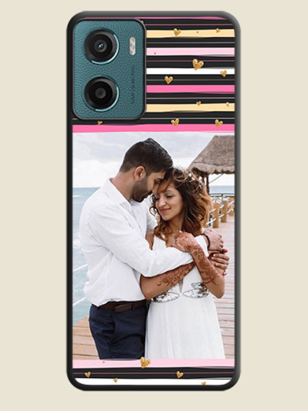 Custom Multicolor Lines and Golden Love Symbols Design on Photo On Space Black Custom Soft Matte Mobile Back Cover - Motorola E15