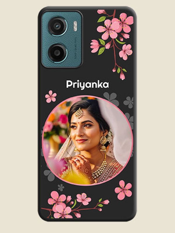 Custom Round Image with Pink Color Floral Design on Photo On Space Black Custom Soft Matte Mobile Back Cover - Motorola E15