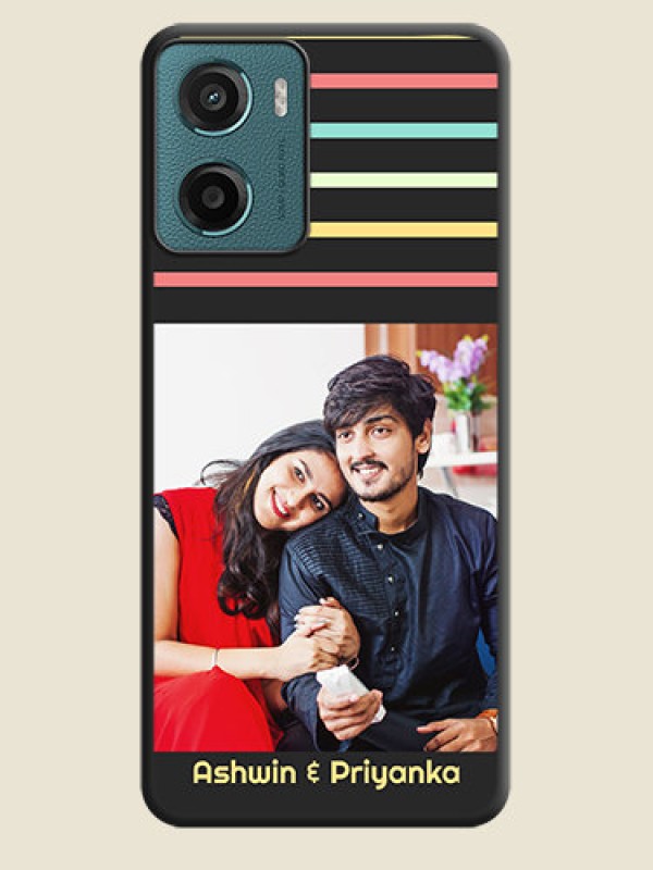 Custom Color Stripes with Photo and Text on Photo On Space Black Custom Soft Matte Mobile Back Cover - Motorola E15