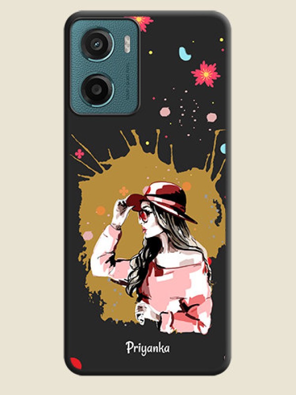 Custom Mordern Lady With Color Splash Background With Custom Text On Space Black Custom Soft Matte Mobile Back Cover - Motorola E15