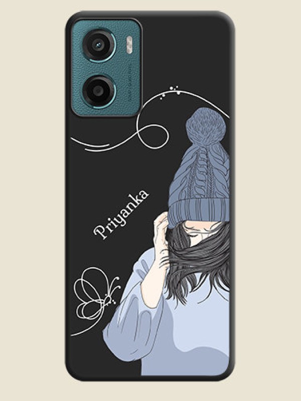 Custom Girl With Blue Winter Outfiit Custom Text Design On Space Black Custom Soft Matte Mobile Back Cover - Motorola E15