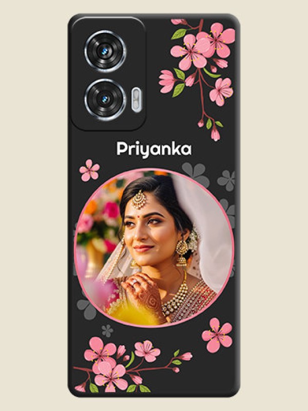 Custom Round Image with Pink Color Floral Design on Photo On Space Black Custom Soft Matte Mobile Back Cover - Motorola Edge 50 Fusion