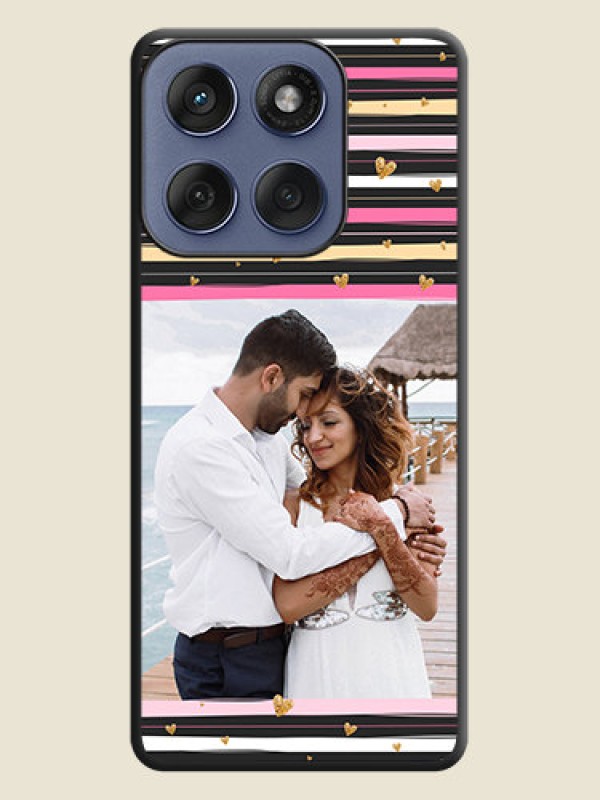 Custom Multicolor Lines and Golden Love Symbols Design on Photo On Space Black Custom Soft Matte Mobile Back Cover - Motorola Edge 60 Fusion