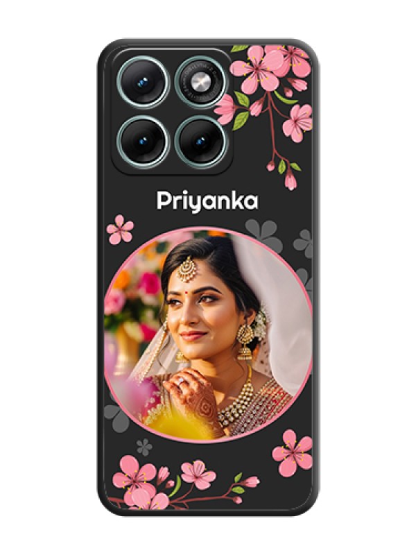 Custom Round Image with Pink Color Floral Design on Photo On Space Black Custom Soft Matte Mobile Back Cover - Motorola Edge 70 Fusion