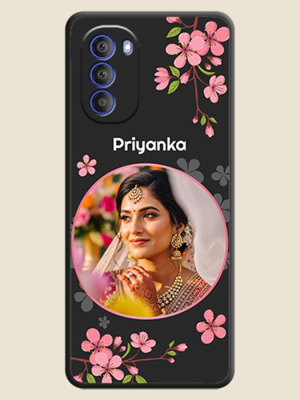 Custom Round Image with Pink Color Floral Design on Photo on Space Black Soft Matte Back Cover - Motorola G51 5G