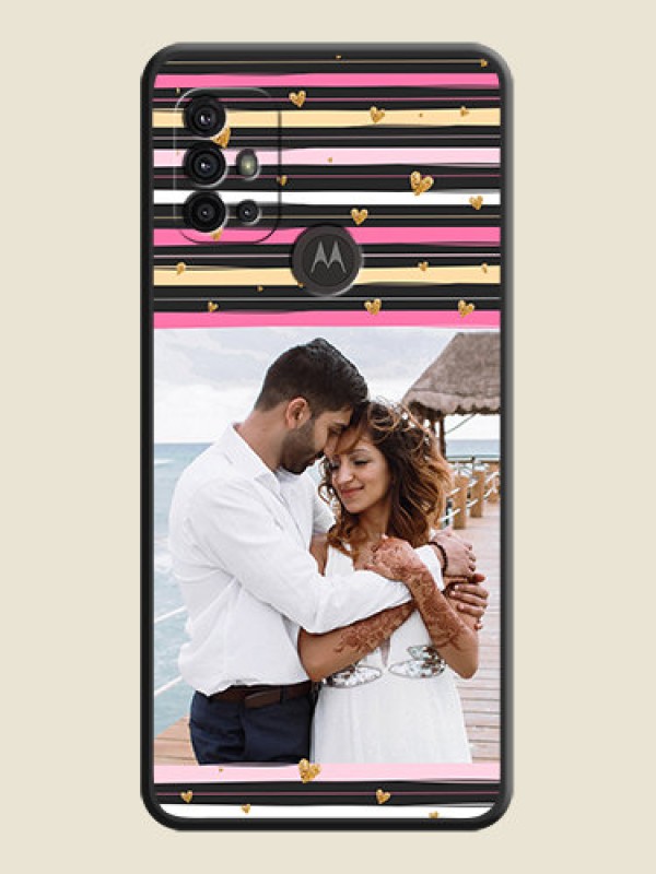 Custom Multicolor Lines and Golden Love Symbols Design on Photo on Space Black Soft Matte Mobile Cover - Moto G10 Power