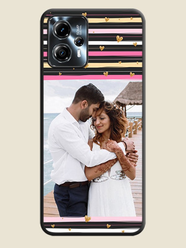 Custom Multicolor Lines and Golden Love Symbols Design on Photo on Space Black Soft Matte Mobile Cover - Moto G13