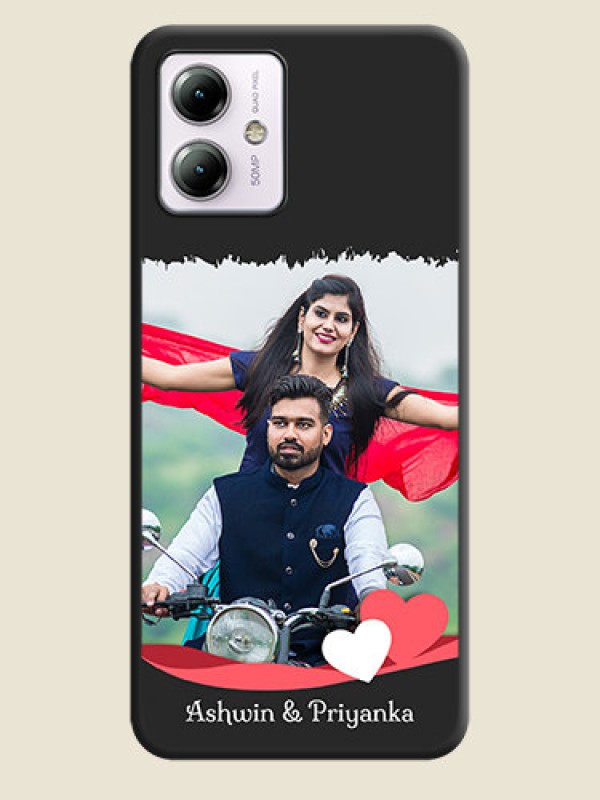 Custom Pink Color Love Shaped Ribbon Design with Text on Space Black Custom Soft Matte Phone Back Cover - Moto G14