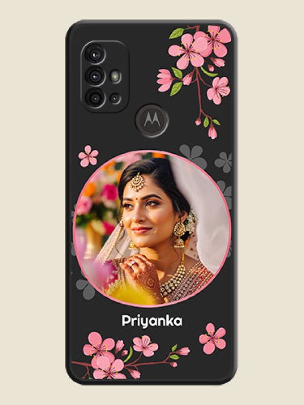 Custom Round Image with Pink Color Floral Design on Photo on Space Black Soft Matte Back Cover - Motorola Moto G30