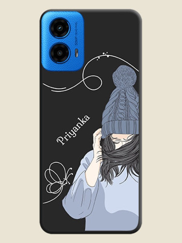 Custom Girl With Blue Winter Outfiit Custom Text Design On Space Black Custom Soft Matte Mobile Back Cover - Motorola Moto G45 5G